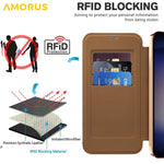 AMORUS For Samsung Galaxy S24+ Magnetic Case RFID Blocking Card Holder Leather Phone Cover