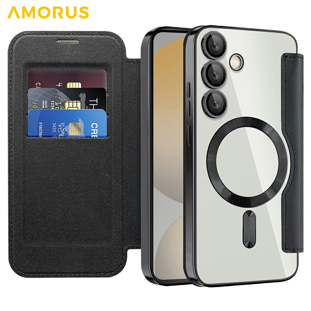 AMORUS For Samsung Galaxy S24 FE Magnetic Case RFID Blocking Card Holder Leather Phone Cover