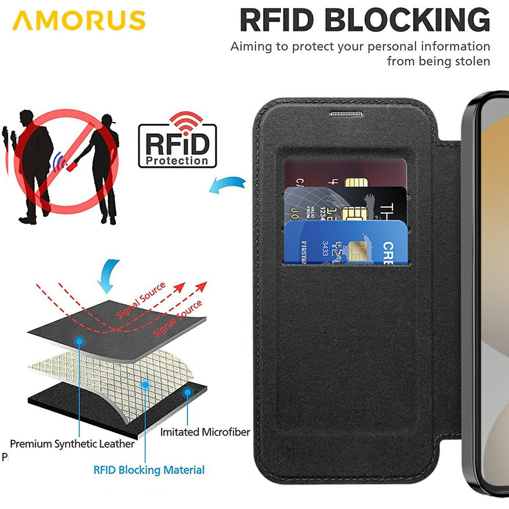 AMORUS For Samsung Galaxy S24 FE Magnetic Case RFID Blocking Card Holder Leather Phone Cover