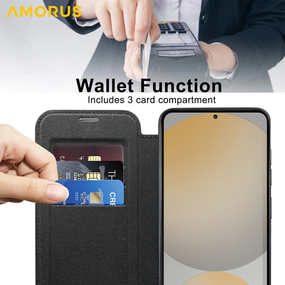 AMORUS For Samsung Galaxy S24 FE Magnetic Case RFID Blocking Card Holder Leather Phone Cover