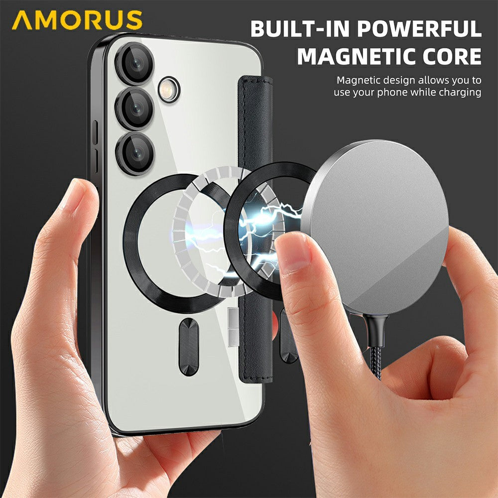 AMORUS For Samsung Galaxy S24 FE Magnetic Case RFID Blocking Card Holder Leather Phone Cover
