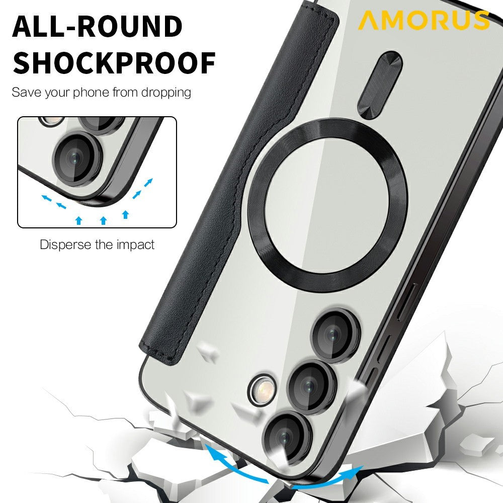 AMORUS For Samsung Galaxy S24 FE Magnetic Case RFID Blocking Card Holder Leather Phone Cover