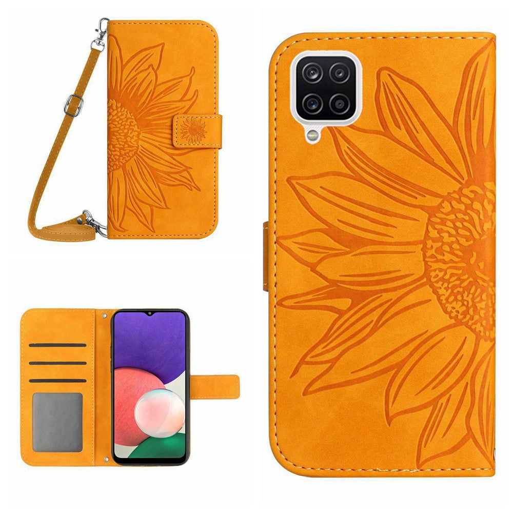 For Samsung Galaxy A22 4G (EU Version) HT04 Skin-touch Imprinted Sunflower Phone Cover PU Leather Foldable Stand Anti-scratch Wallet Case with Shoulder Strap