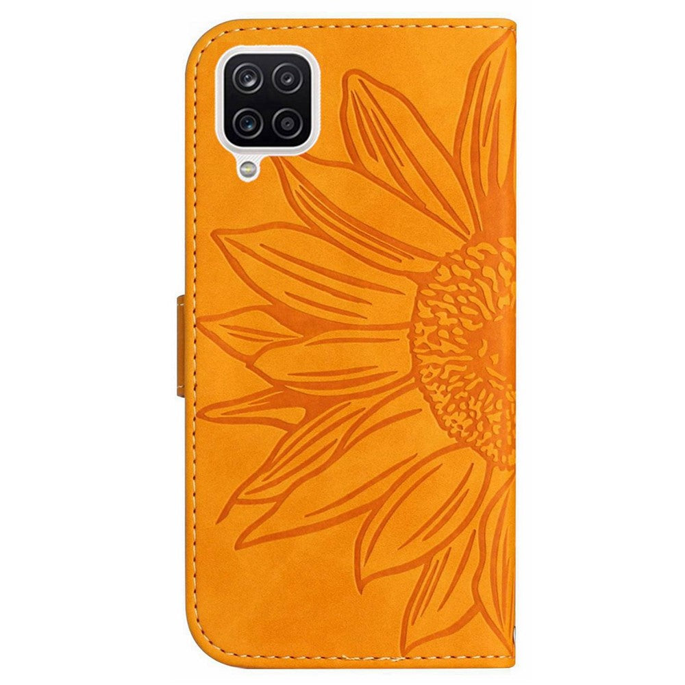 For Samsung Galaxy A22 4G (EU Version) HT04 Skin-touch Imprinted Sunflower Phone Cover PU Leather Foldable Stand Anti-scratch Wallet Case with Shoulder Strap