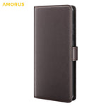 AMORUS For iPhone 17th / 16th Stand Cases Calf Texture Genuine Split Leather Wallet Phone Cover