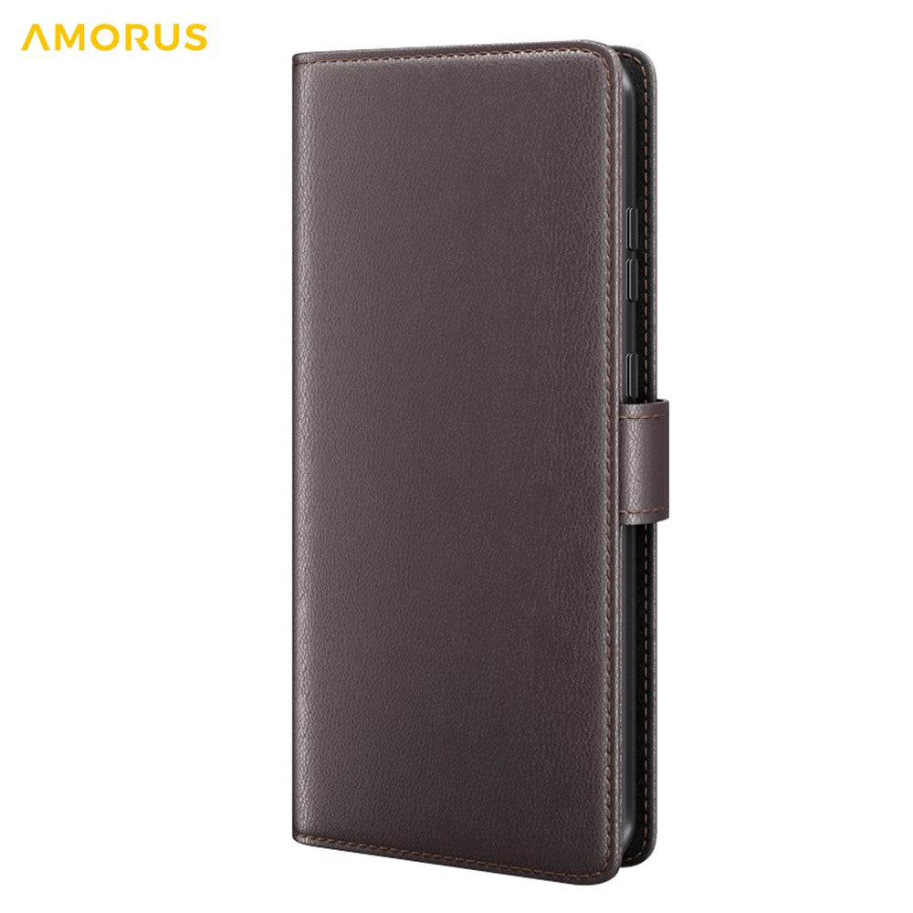 AMORUS For iPhone 17th / 16th Stand Cases Calf Texture Genuine Split Leather Wallet Phone Cover