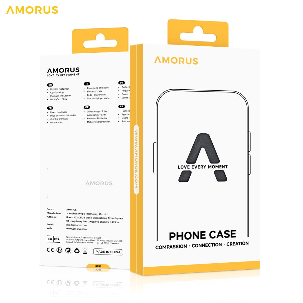 AMORUS For iPhone 17th / 16th Stand Cases Calf Texture Genuine Split Leather Wallet Phone Cover