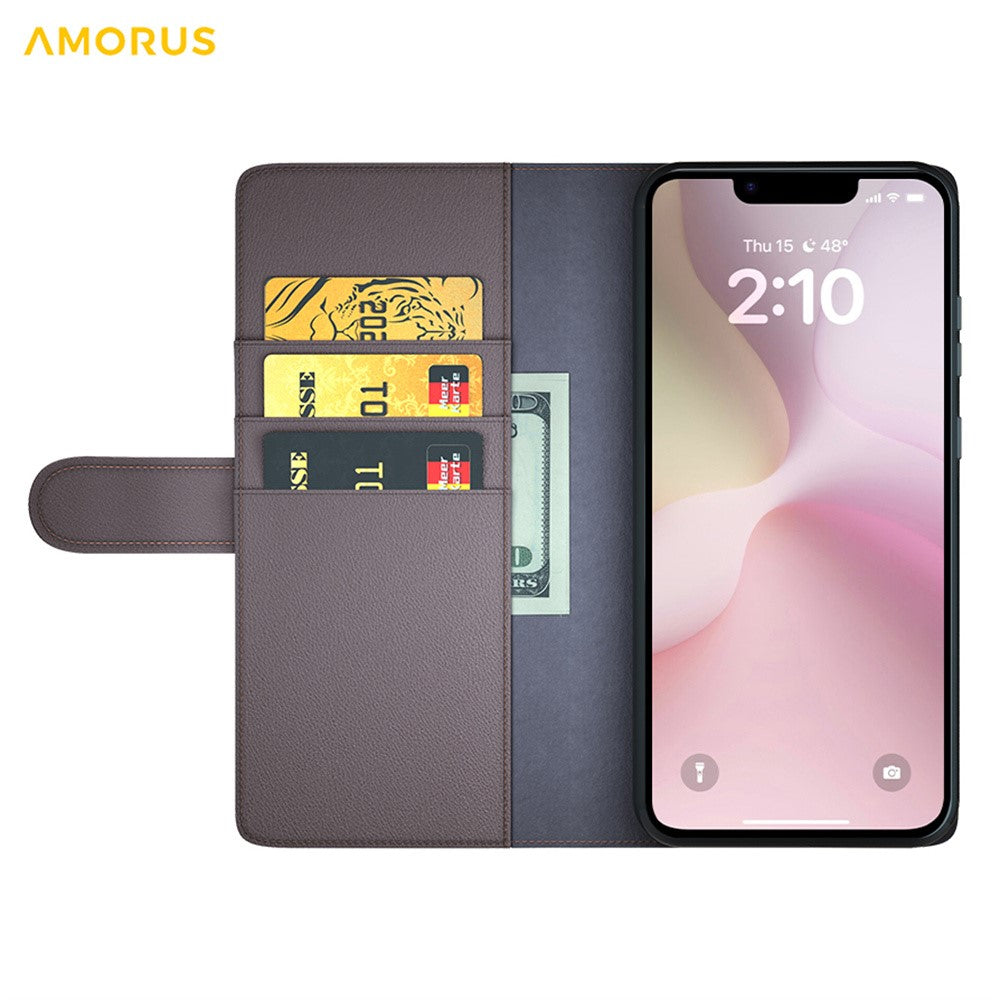 AMORUS For iPhone 17th / 16th Stand Cases Calf Texture Genuine Split Leather Wallet Phone Cover