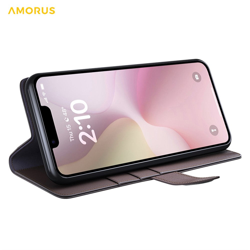 AMORUS For iPhone 17th / 16th Stand Cases Calf Texture Genuine Split Leather Wallet Phone Cover