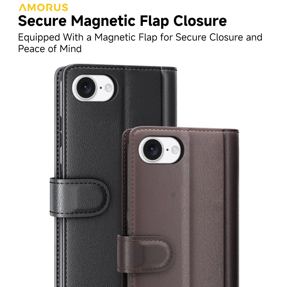 AMORUS For iPhone 17th / 16th Stand Cases Calf Texture Genuine Split Leather Wallet Phone Cover