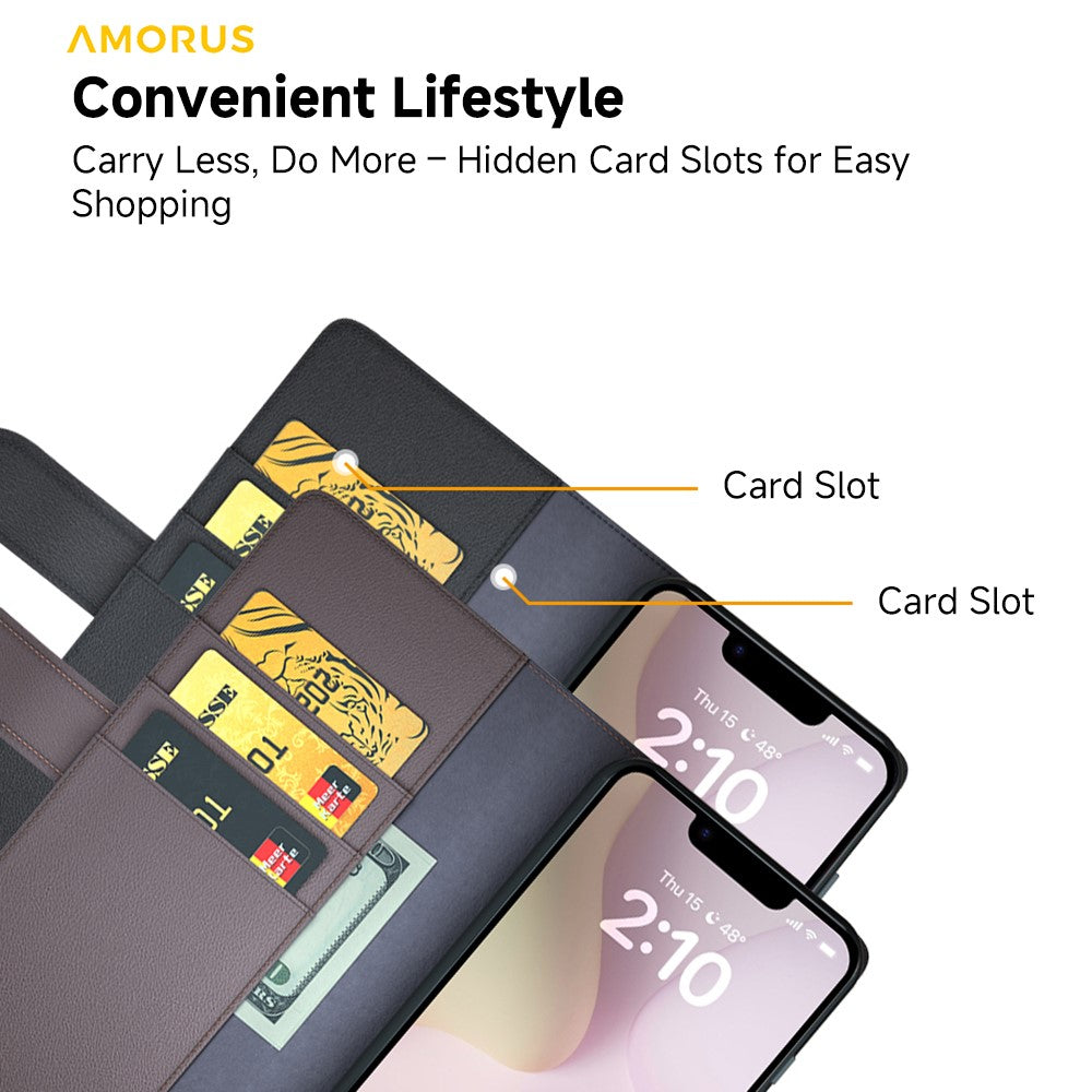 AMORUS For iPhone 17th / 16th Stand Cases Calf Texture Genuine Split Leather Wallet Phone Cover