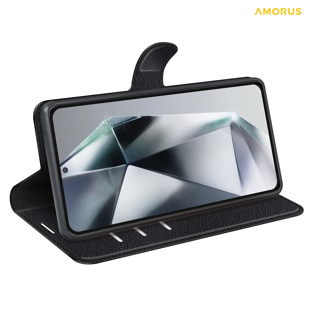 AMORUS Til Samsung Galaxy S25 Ultra Wallet Cover Litchi Tekstur Stødsikkert Flip Lædercover med Stativ
