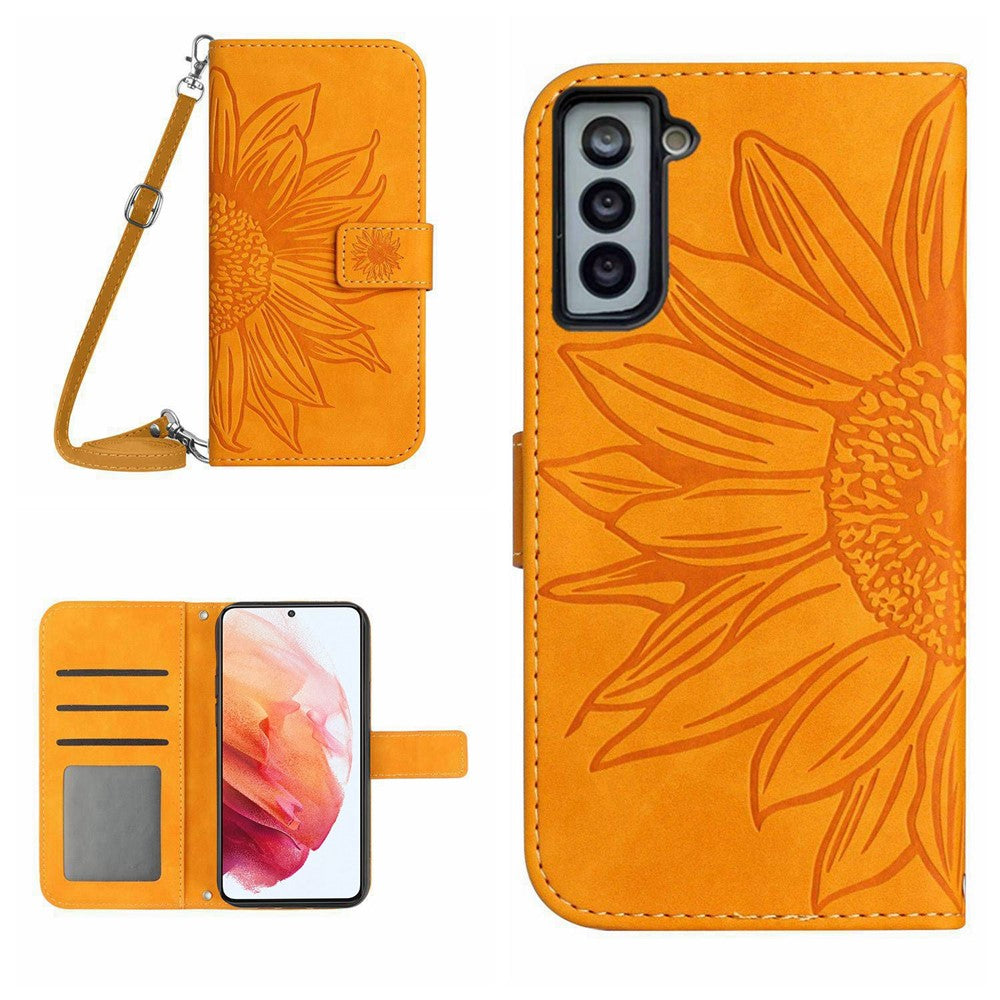 Til Samsung Galaxy S21+ 5G HT04 Præget Solsikke Telefoncover med Skulderrem, PU Læder Skin-touch Pung Stander Cover