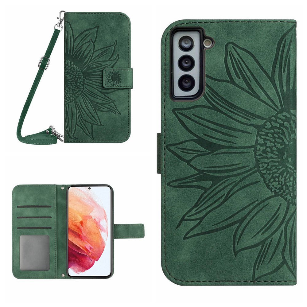 Til Samsung Galaxy S21+ 5G HT04 Præget Solsikke Telefoncover med Skulderrem, PU Læder Skin-touch Pung Stander Cover