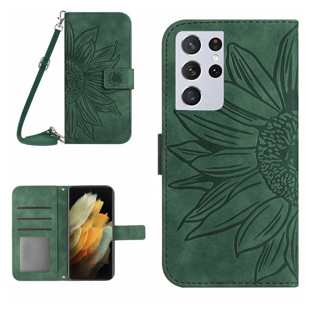 Skin-friendly Phone Case For Samsung Galaxy S21 Ultra 5G, HT04 Imprinted Sunflower PU Leather Flip Wallet Stand Cover with Shoulder Strap