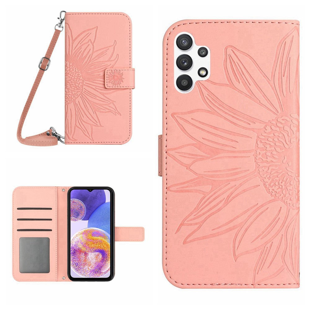 Til Samsung Galaxy A32 4G (EU version) HT04 Hud-venligt PU-læder Præget Solsikke Stander Pung Cover Magnetisk Telefoncover med Skulderrem