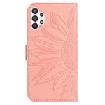 Til Samsung Galaxy A32 4G (EU version) HT04 Hud-venligt PU-læder Præget Solsikke Stander Pung Cover Magnetisk Telefoncover med Skulderrem