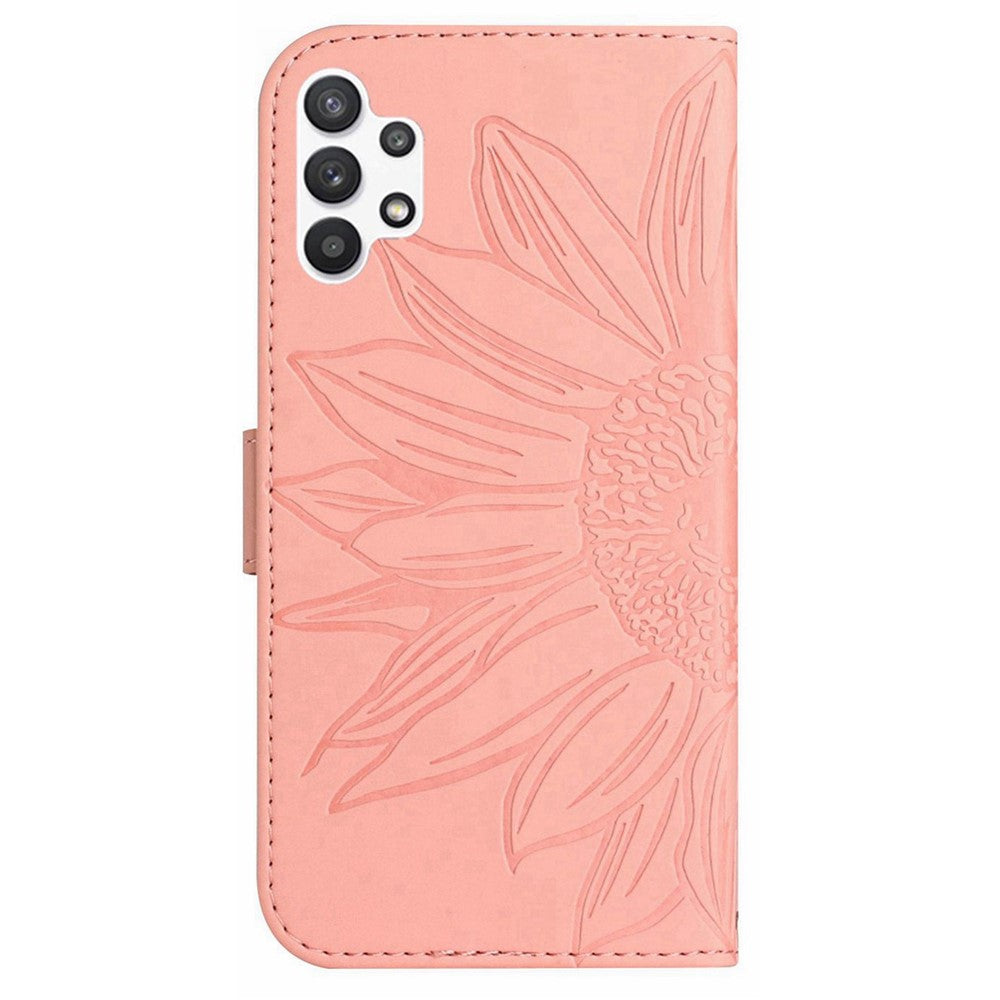 Til Samsung Galaxy A32 4G (EU version) HT04 Hud-venligt PU-læder Præget Solsikke Stander Pung Cover Magnetisk Telefoncover med Skulderrem