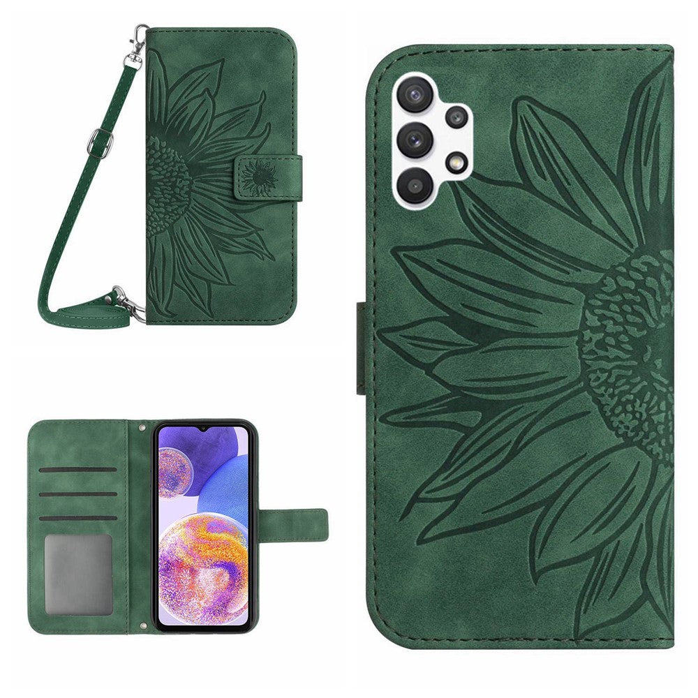 Til Samsung Galaxy A32 4G (EU version) HT04 Hud-venligt PU-læder Præget Solsikke Stander Pung Cover Magnetisk Telefoncover med Skulderrem