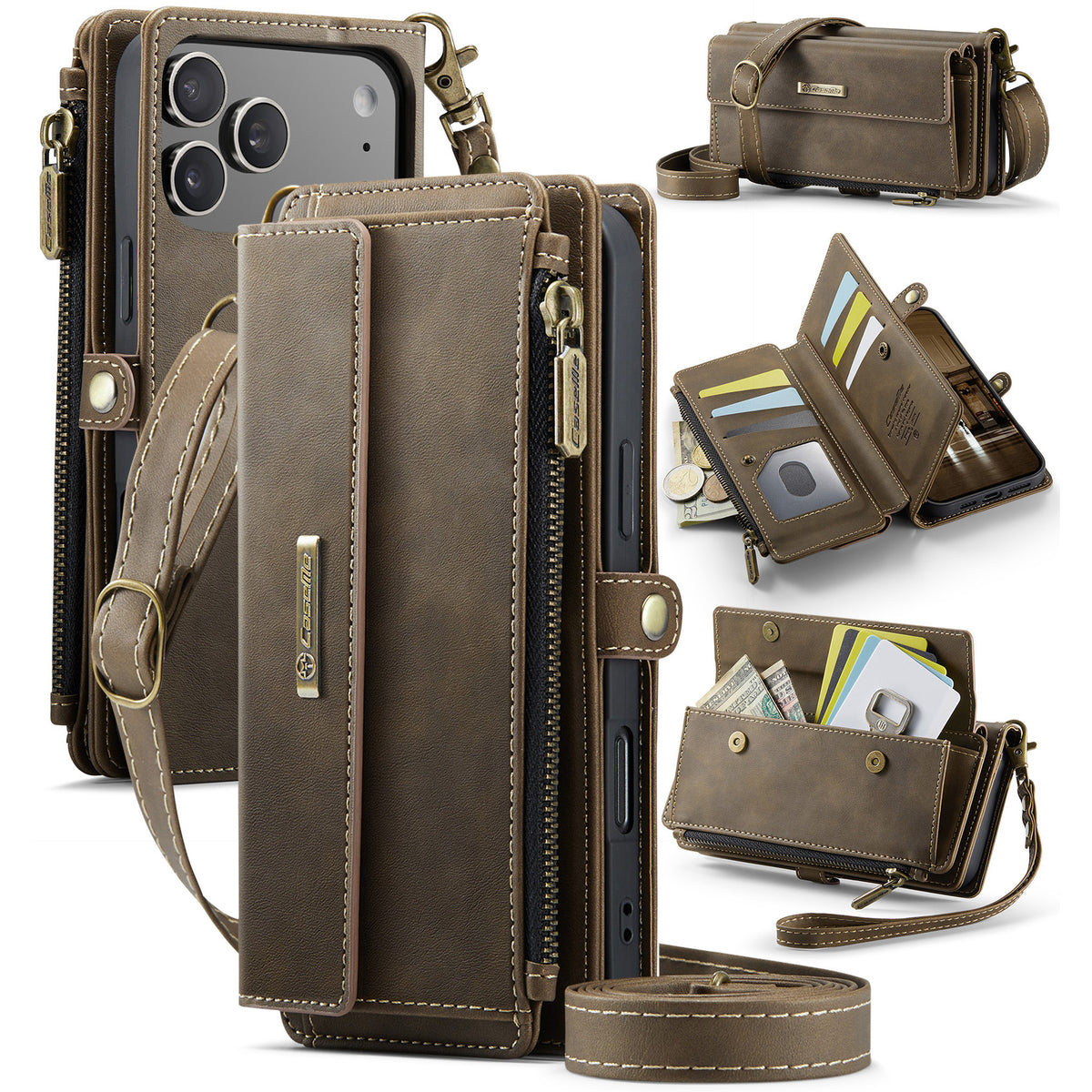 CASEME For iPhone 18 Pro / 17 Pro Case  C39 RFID Blocking Zipper Wallet Stand Leather Cover with Strap