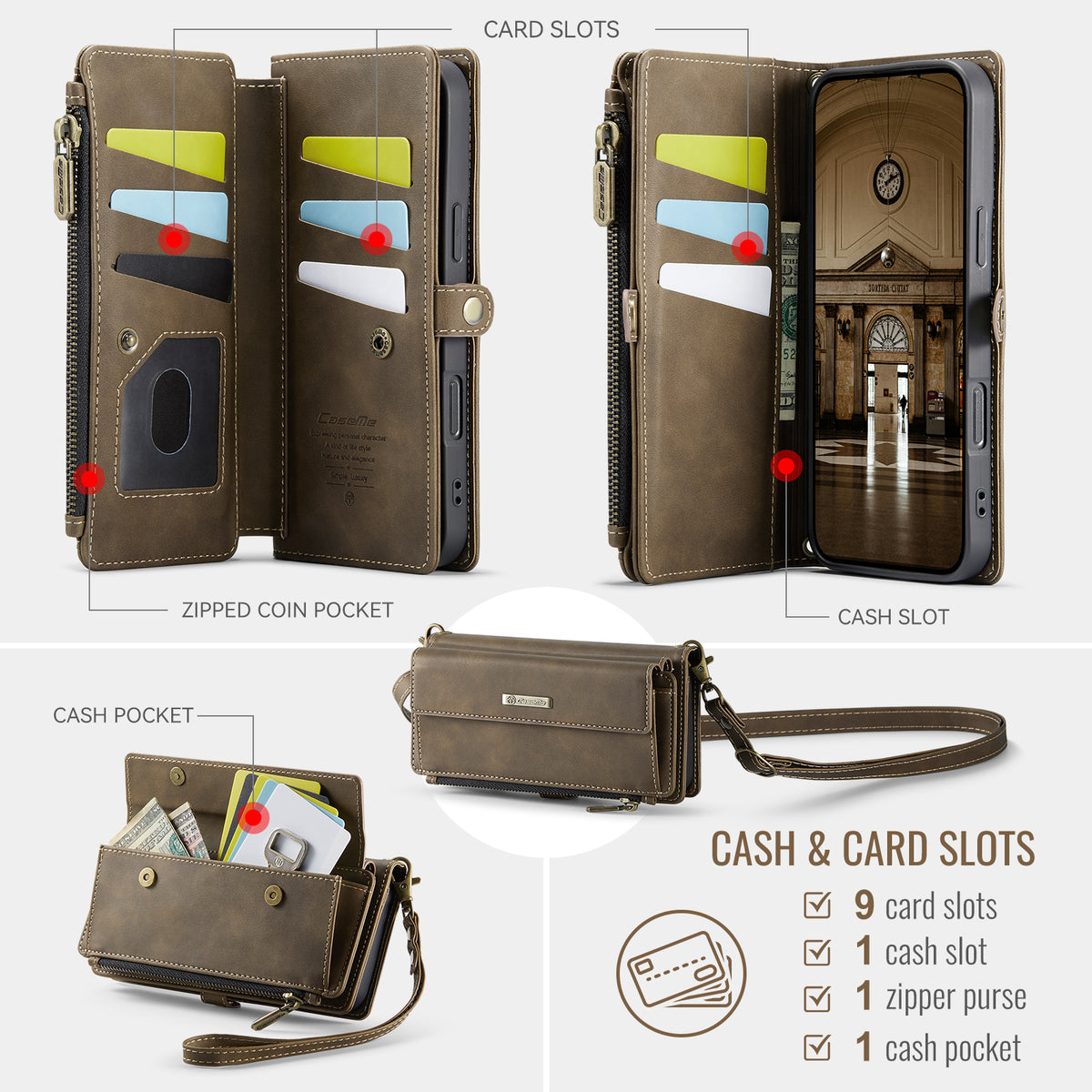 CASEME For iPhone 18 Pro / 17 Pro Case  C39 RFID Blocking Zipper Wallet Stand Leather Cover with Strap