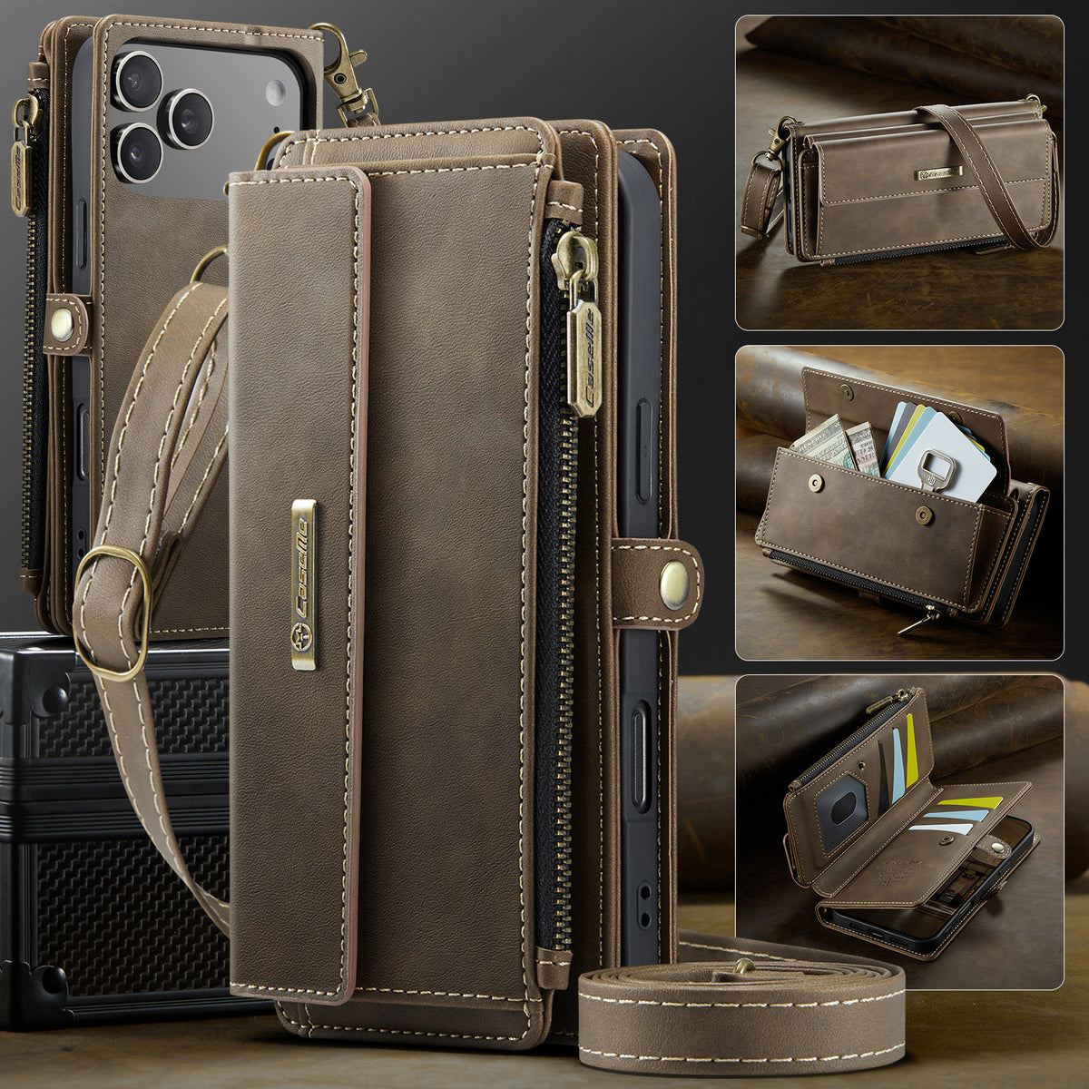 CASEME For iPhone 18 Pro / 17 Pro Case  C39 RFID Blocking Zipper Wallet Stand Leather Cover with Strap
