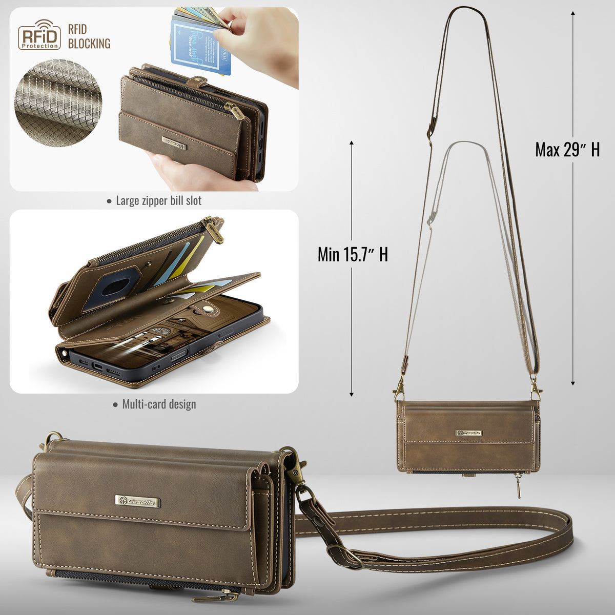CASEME For iPhone 18 Pro / 17 Pro Case  C39 RFID Blocking Zipper Wallet Stand Leather Cover with Strap