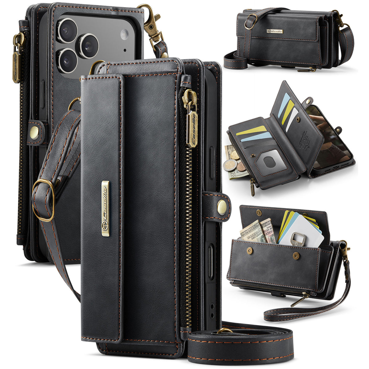 CASEME For iPhone 18 Pro / 17 Pro Case  C39 RFID Blocking Zipper Wallet Stand Leather Cover with Strap