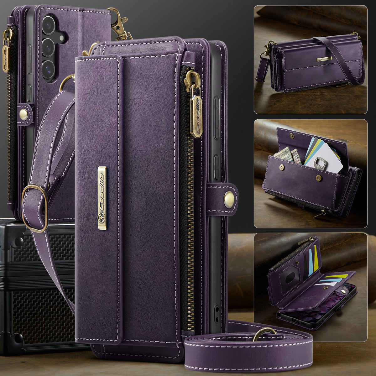 CASEME For Samsung Galaxy S25 FE Case  C39 RFID Blocking Zipper Wallet Stand Leather Cover with Strap