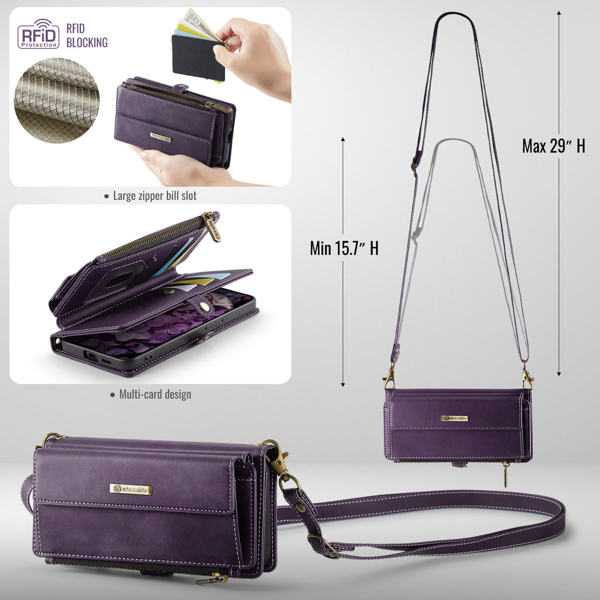 CASEME For Samsung Galaxy S25 FE Case  C39 RFID Blocking Zipper Wallet Stand Leather Cover with Strap