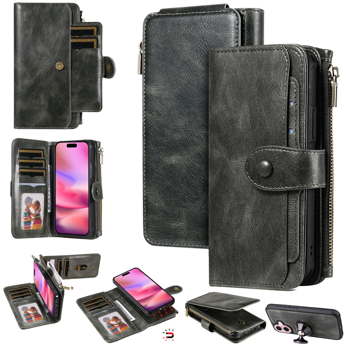 For iPhone 17 Phone Case PU Leather Zipper Wallet Detachable Cover