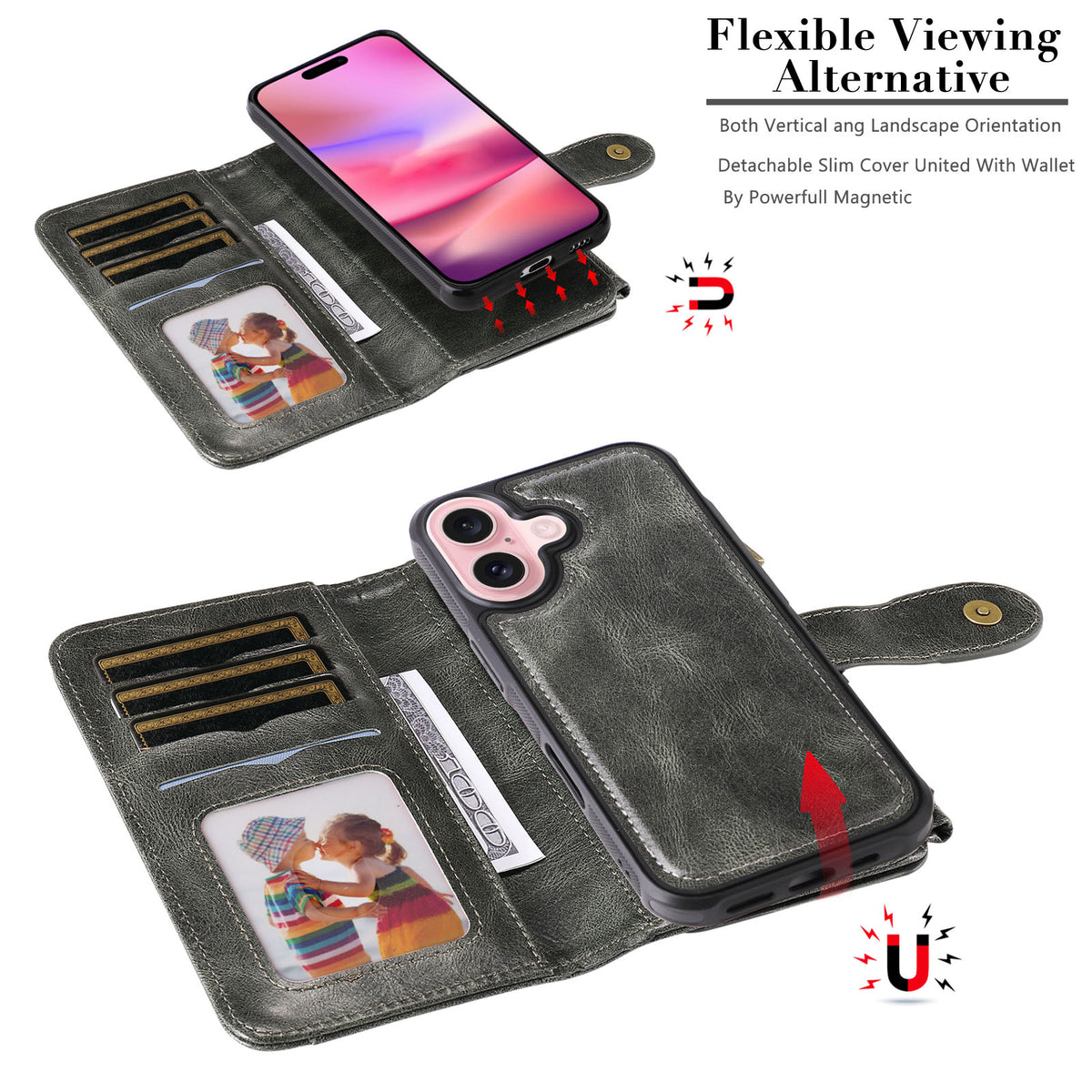 For iPhone 17 Phone Case PU Leather Zipper Wallet Detachable Cover