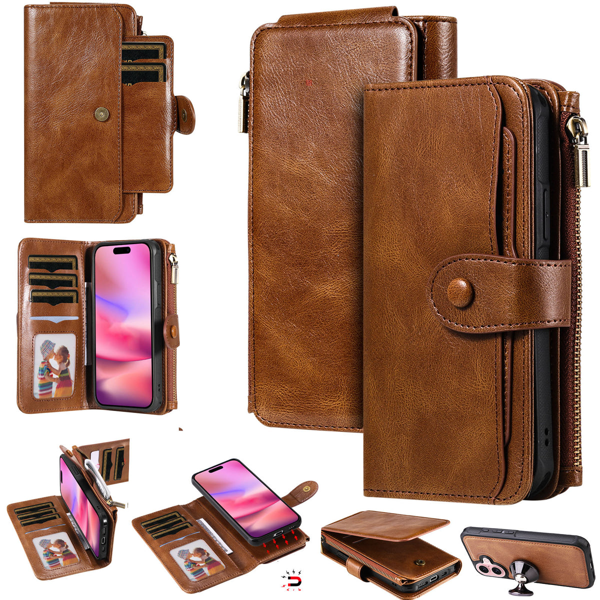 For iPhone 17 Phone Case PU Leather Zipper Wallet Detachable Cover