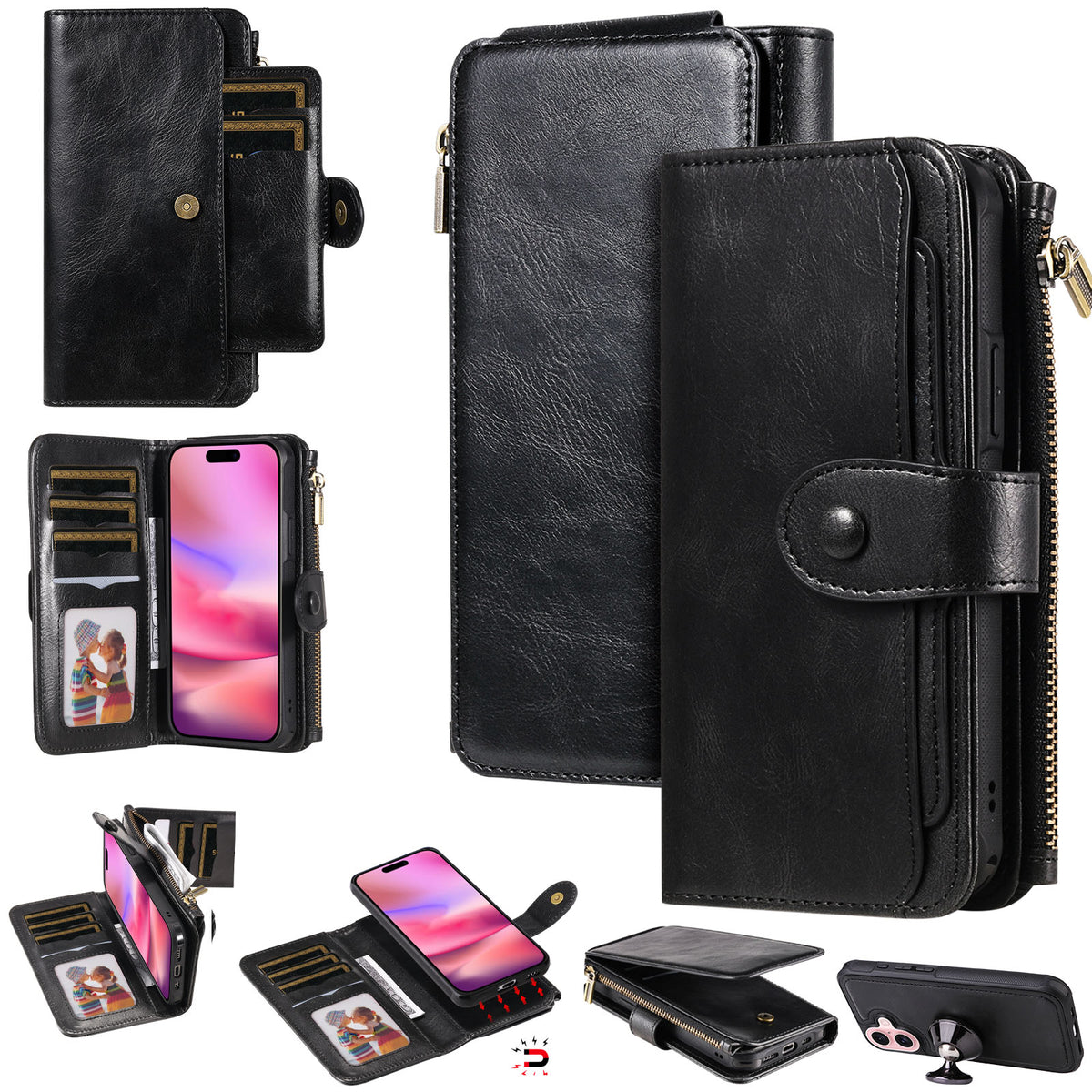 For iPhone 17 Phone Case PU Leather Zipper Wallet Detachable Cover