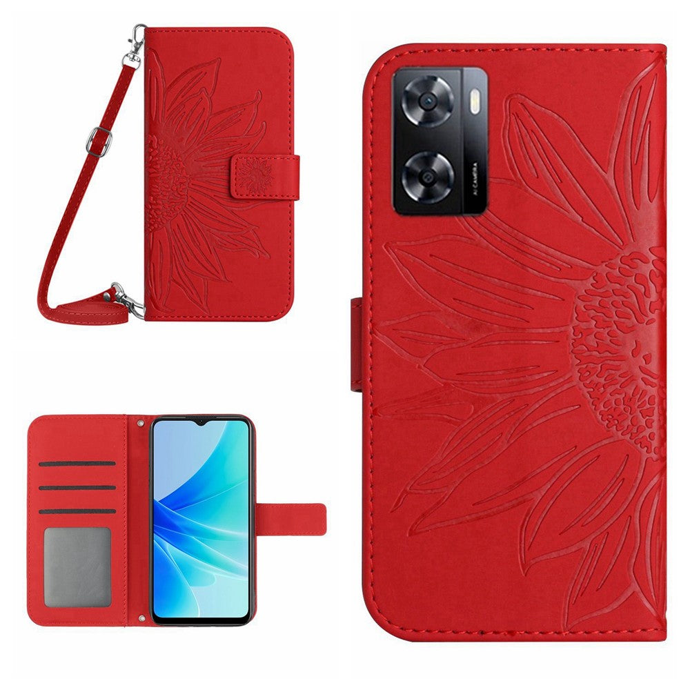 Oppo A57 4G / A57s 4G / A57 (2022) 5G / A77 4G / A77 5G PU-läder plånboksfodral stativ tryckt solros hud-touch mobilskal med axelrem