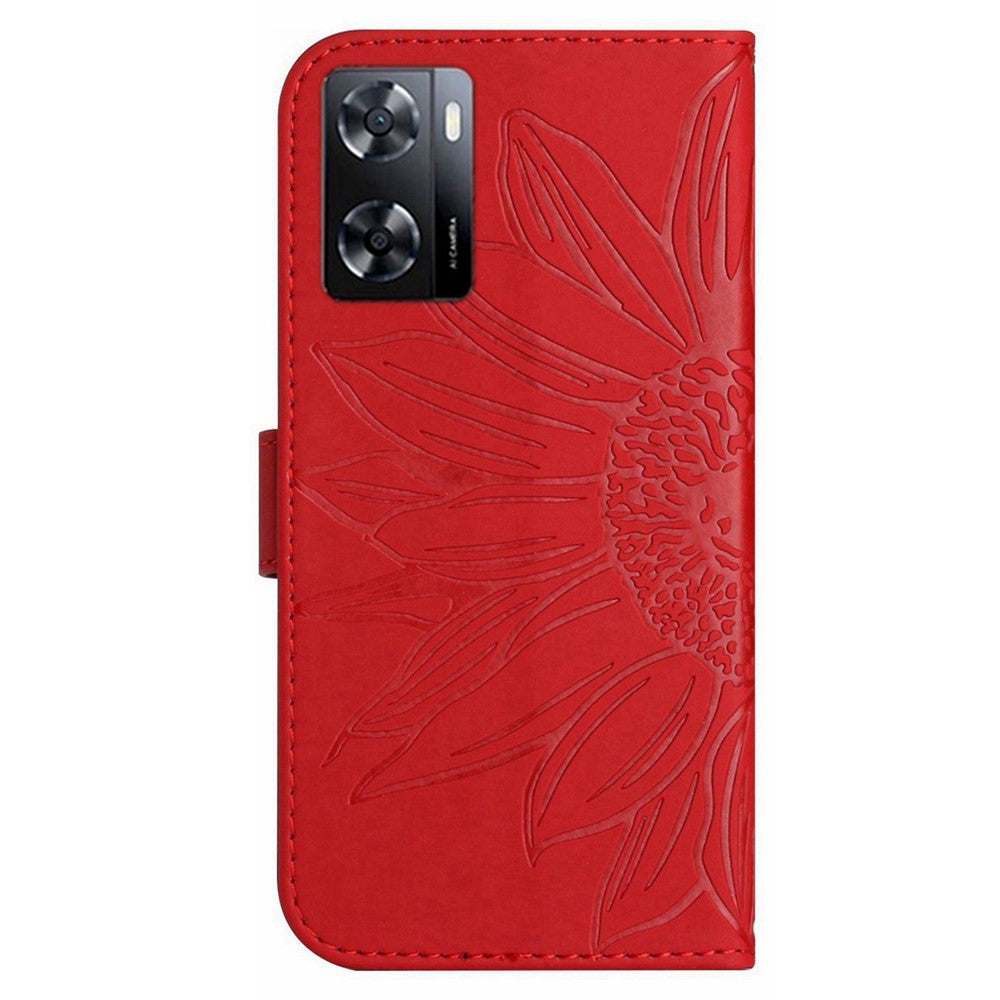 Oppo A57 4G / A57s 4G / A57 (2022) 5G / A77 4G / A77 5G PU-läder plånboksfodral stativ tryckt solros hud-touch mobilskal med axelrem