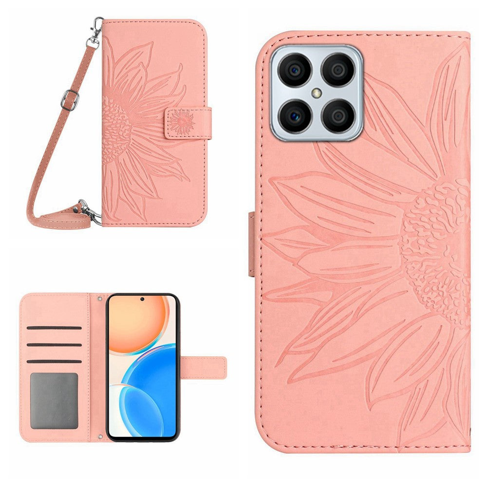 For Honor X8 4G HT04 Præget solsikke PU-læder flipetui med stander, magnetisk stødsikker hudvenlig tegnebog telefoncover med skulderrem