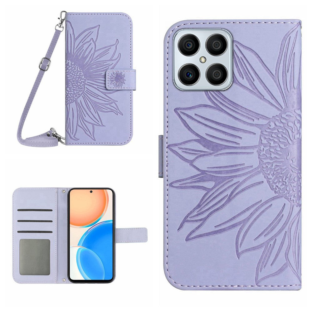 For Honor X8 4G HT04 Præget solsikke PU-læder flipetui med stander, magnetisk stødsikker hudvenlig tegnebog telefoncover med skulderrem