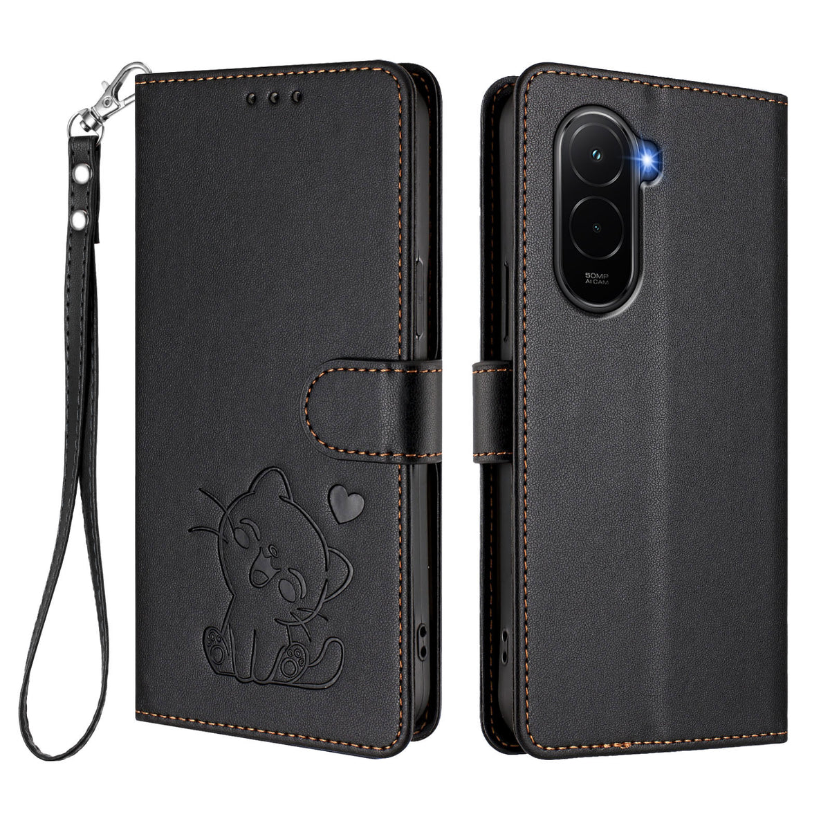 For Xiaomi Poco M7 Plus 5G / M7 4G (169mm) Wallet Case with Wrist Strap Love Cat Pattern Imprint Leather Phone Cover