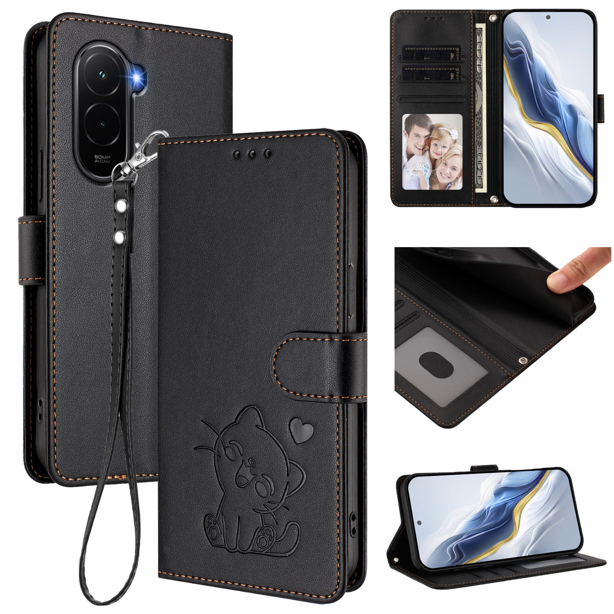 For Xiaomi Poco M7 Plus 5G / M7 4G (169mm) Wallet Case with Wrist Strap Love Cat Pattern Imprint Leather Phone Cover