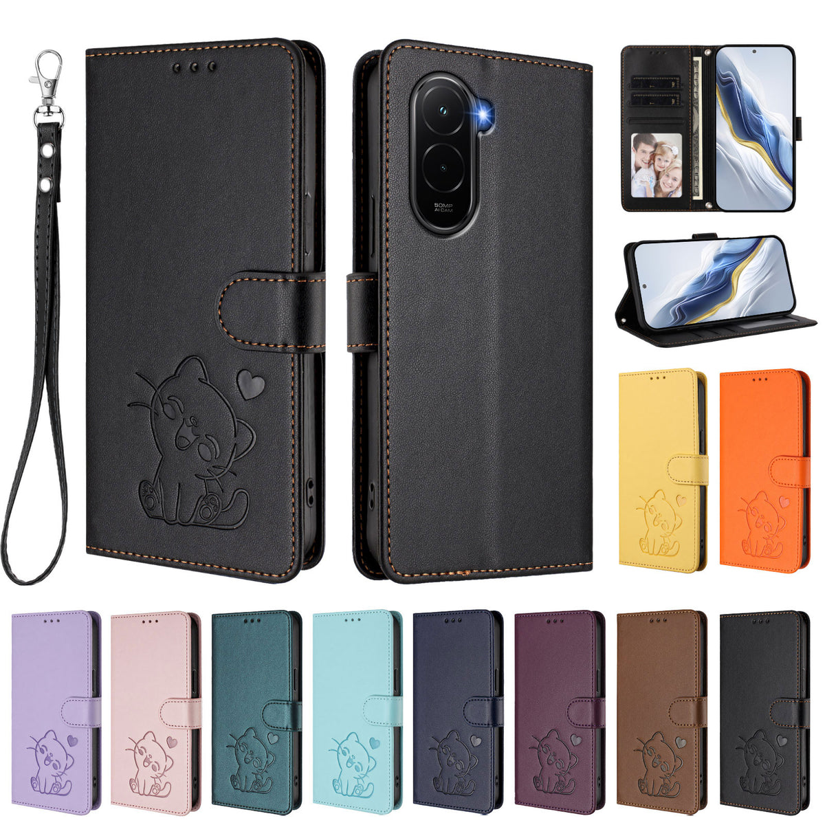 For Xiaomi Poco M7 Plus 5G / M7 4G (169mm) Wallet Case with Wrist Strap Love Cat Pattern Imprint Leather Phone Cover