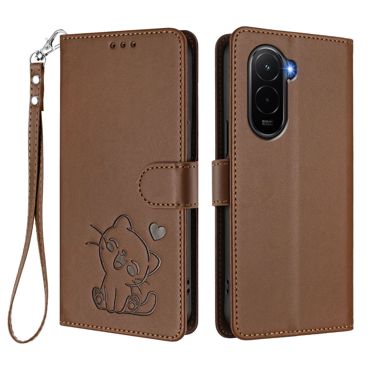For Xiaomi Poco M7 Plus 5G / M7 4G (169mm) Wallet Case with Wrist Strap Love Cat Pattern Imprint Leather Phone Cover