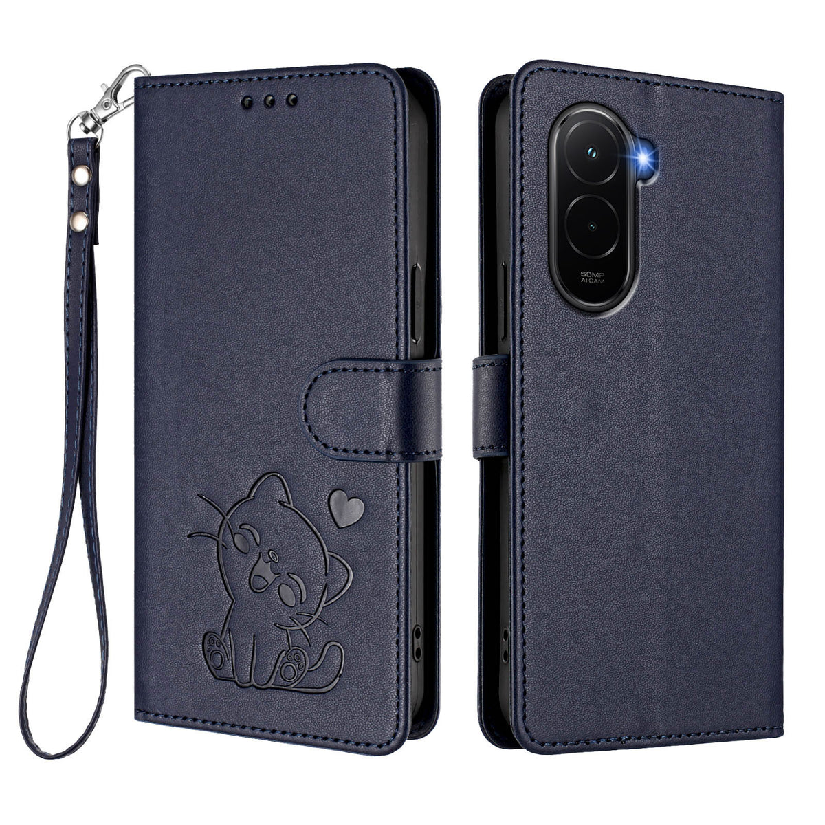For Xiaomi Poco M7 Plus 5G / M7 4G (169mm) Wallet Case with Wrist Strap Love Cat Pattern Imprint Leather Phone Cover