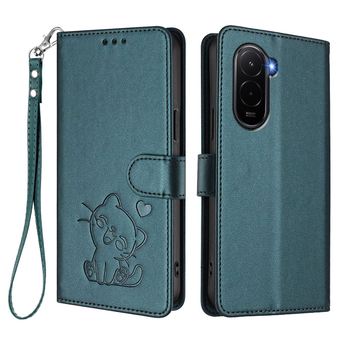For Xiaomi Poco M7 Plus 5G / M7 4G (169mm) Wallet Case with Wrist Strap Love Cat Pattern Imprint Leather Phone Cover