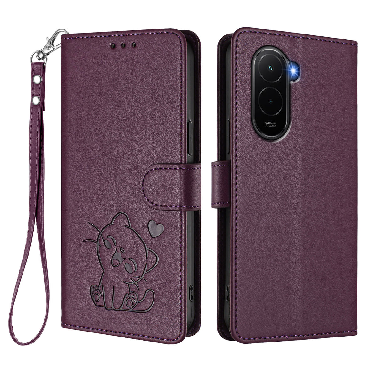 For Xiaomi Poco M7 Plus 5G / M7 4G (169mm) Wallet Case with Wrist Strap Love Cat Pattern Imprint Leather Phone Cover