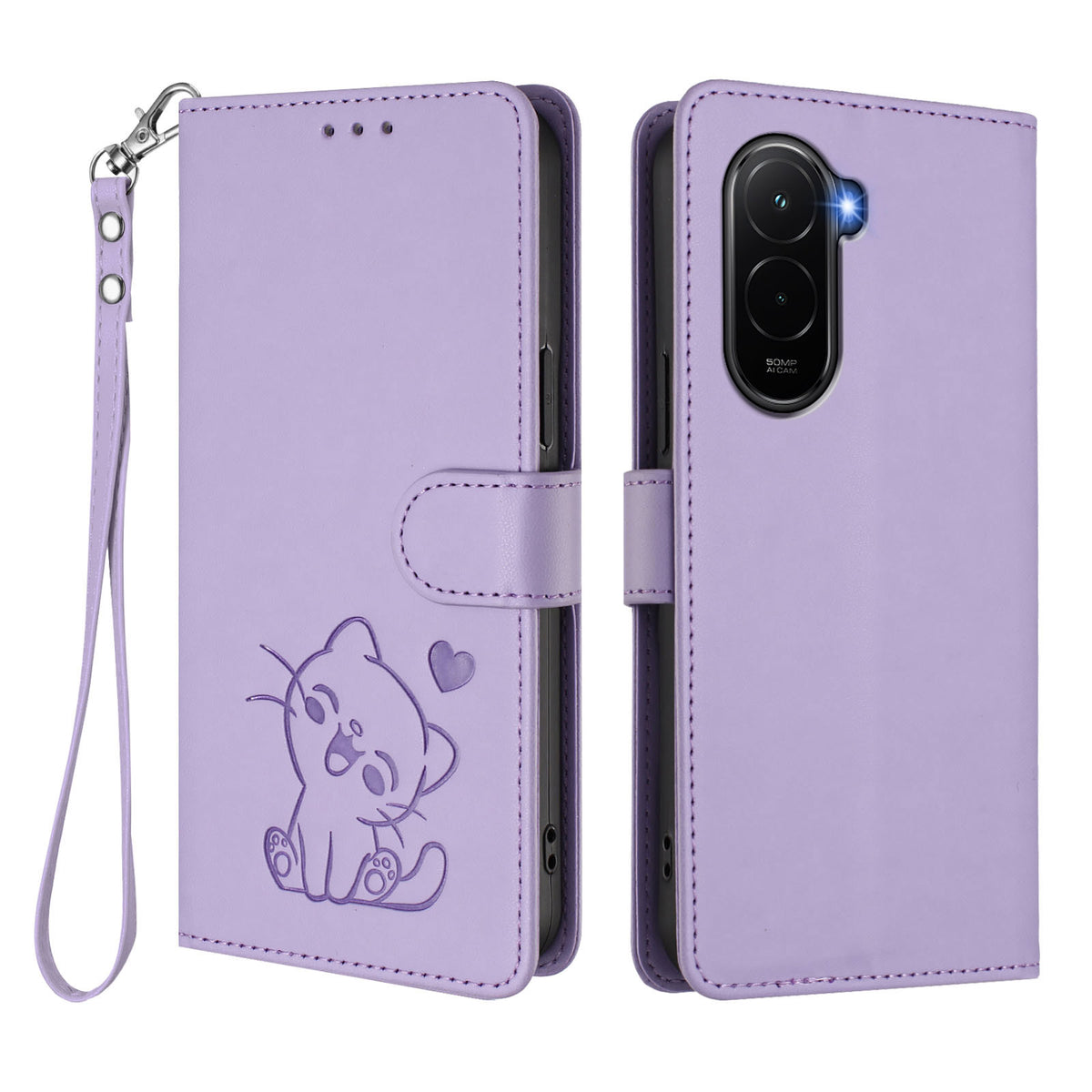 For Xiaomi Poco M7 Plus 5G / M7 4G (169mm) Wallet Case with Wrist Strap Love Cat Pattern Imprint Leather Phone Cover