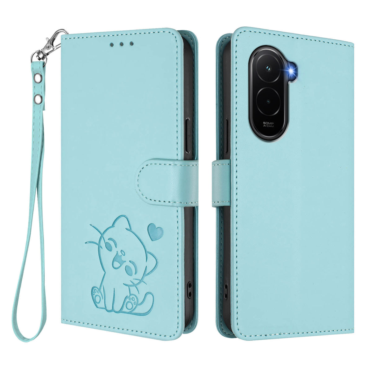 For Xiaomi Poco M7 Plus 5G / M7 4G (169mm) Wallet Case with Wrist Strap Love Cat Pattern Imprint Leather Phone Cover