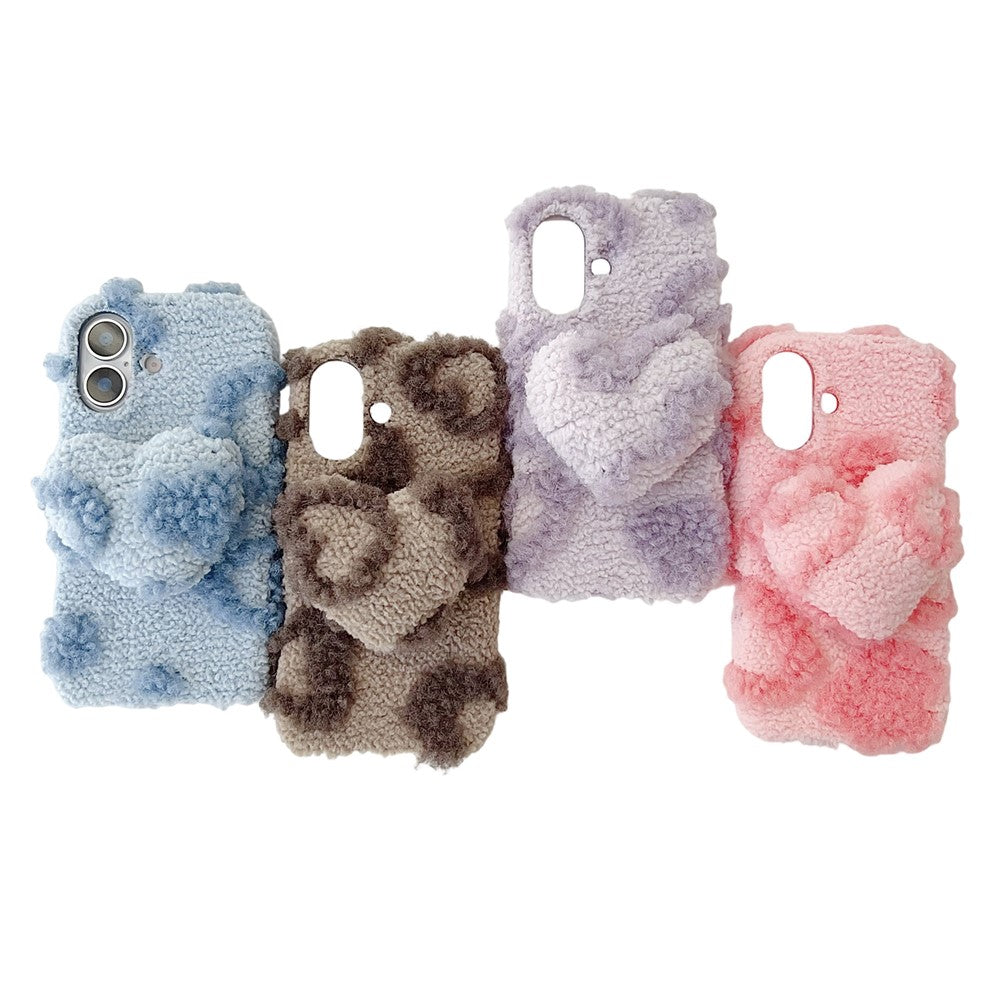 For iPhone 17 Case 3D Heart Plush Winter Warm Soft TPU Phone Cover