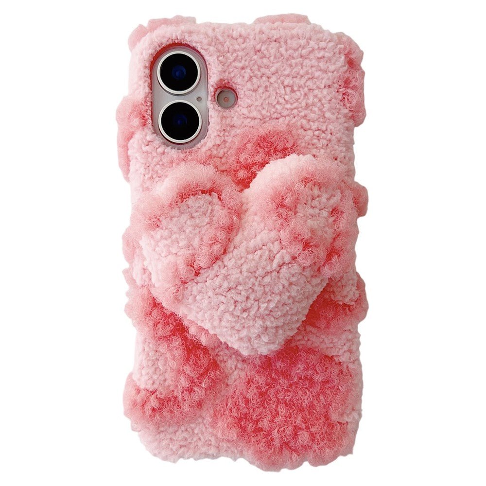 For iPhone 17 Case 3D Heart Plush Winter Warm Soft TPU Phone Cover