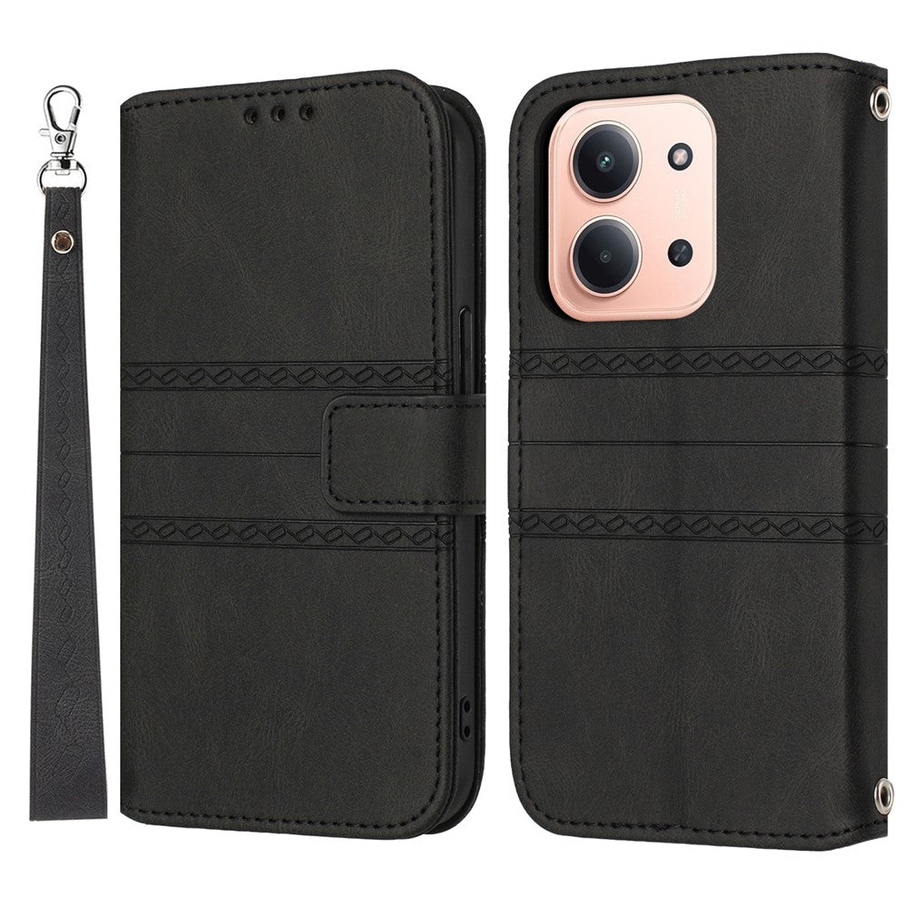 Xiaomi Redmi 15C 4G (EU) (173 mm) / 15C 5G (EU) (173 mm) / Poco C85 4G (173 mm)-tegneboks-etui i læder, præget mobilcover med håndledsrem
